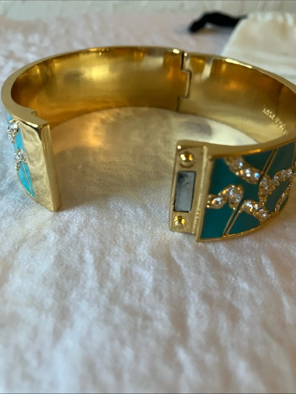 kate spade: Turquoise Enamel & Gold Tone Crystal-Accent Bangle- Hinge- Dust Bag
